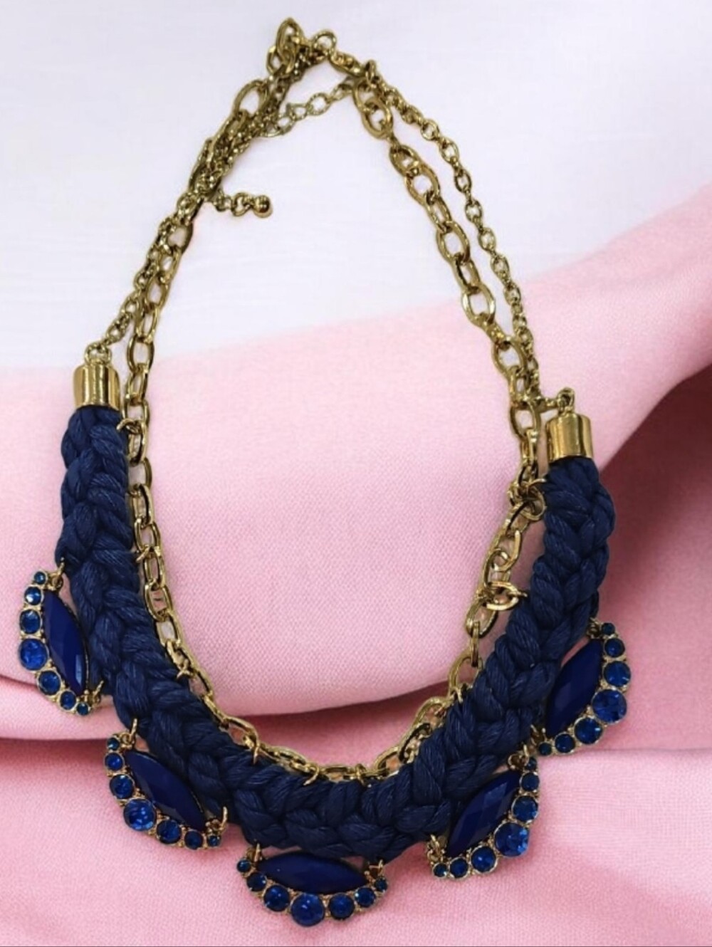 Gold Chain Navy Blue Braided Cobalt CZ Bib Statement Necklace